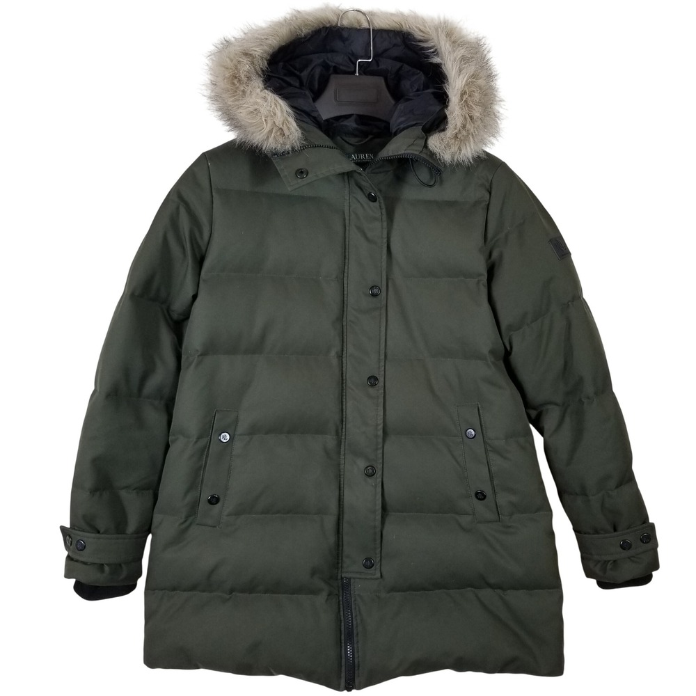 Lauren Ralph Lauren Olive‎  Down Fill Faux Fur Hood Puffer Parka Coat Womens M